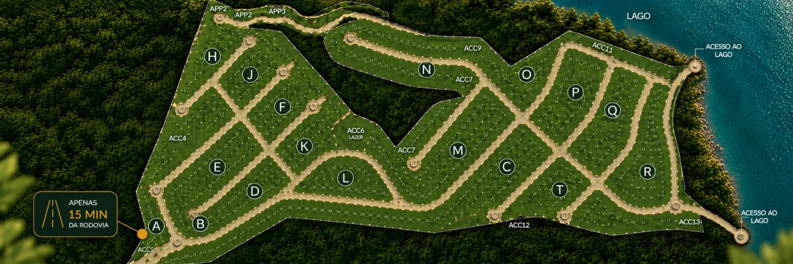 Masterplan aéreo do Aquarius Residencial com os lotes planejados e o acesso ao lago